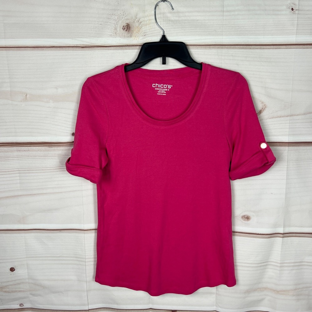 Chicos Top Womens 0 S Pink Short Sleeve T-Shirt Scoop Neck Cotton Solid Knit
